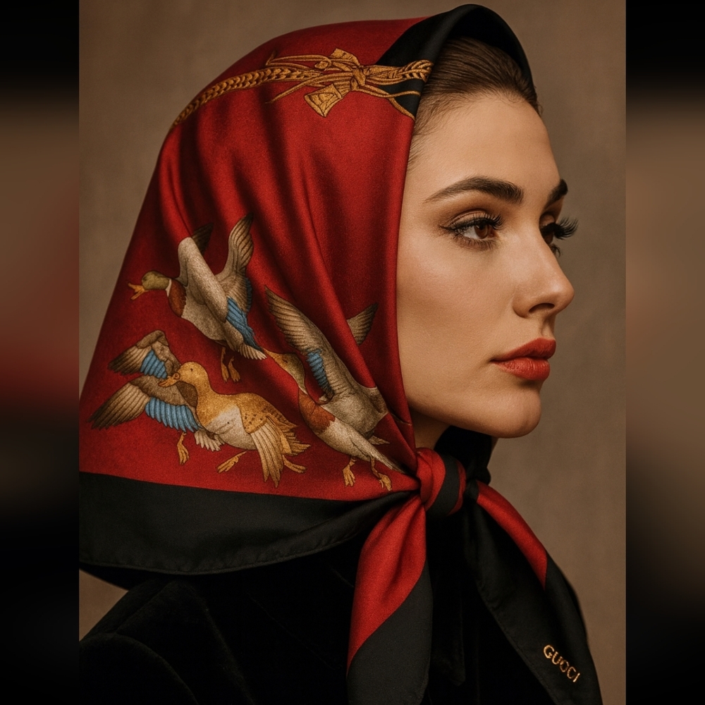 Vintage GUCCI Italy Silk Scarf RARE “Ducks in Flight” Red Navy Wildlife Hunting - Picture 11 of 13